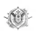 Taurus charging through a shield adorned with a cross, with a falcon flying overhead tattoo design idea