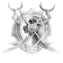 Taurus charging through a shield adorned with a cross, with a falcon flying overhead. along side a sword tattoo design idea