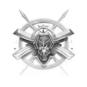 Taurus charging through a shield adorned with a cross, with a falcon flying overhead. along side a sword tattoo design idea