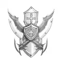 Taurus charging through a shield adorned with a cross, with a falcon flying overhead. along side a sword tattoo design idea