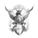 Taurus charging through a shield adorned with a cross, with a falcon flying overhead. along side a sword tattoo design idea