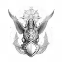 Taurus charging through a shield adorned with a cross, with a falcon flying overhead. along side a sword tattoo design idea