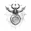 Taurus charging through a shield adorned with a cross, with a falcon flying overhead tattoo design idea