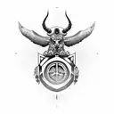 Taurus charging through a shield adorned with a cross, with a falcon flying overhead tattoo design idea