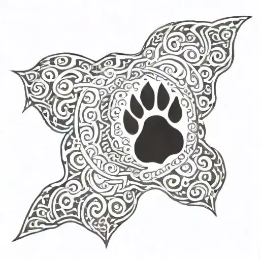 a tribal bear paw with in the middle of the paw it has a bears face and it says above the face  May I stand unshaken Ami tattoo design idea