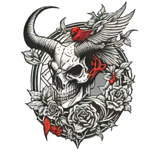 long horn skull and red cardinal perched tattoo design idea