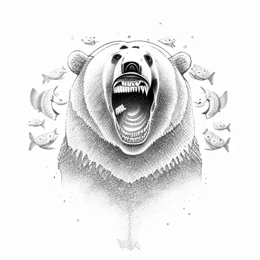 bear with fish in mouth jumping from watefall tattoo design idea