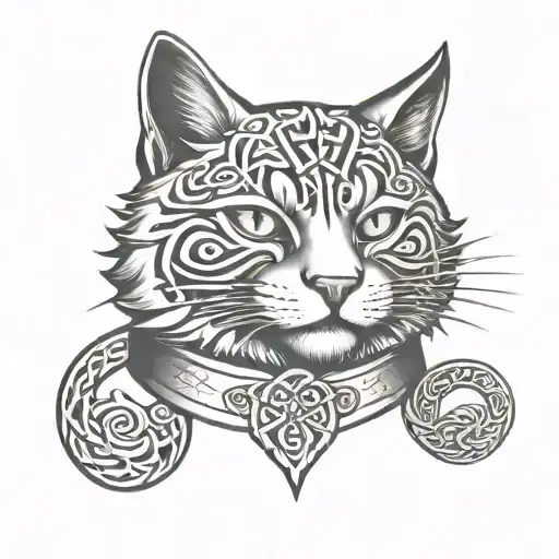 A fearless scotish wildcat wearing a collar with celtic symbols tattoo design idea
