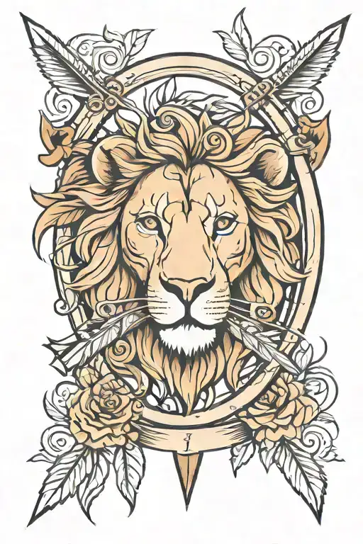 bow arrow representing family with lion head tattoo design idea