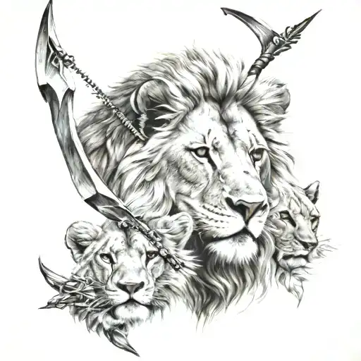 bow arrow with a lion's head, a lioness's head and a lion cub's head tattoo design idea