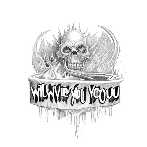 bloody inscription "I will never forget you guys" with 4 characters under it - a can of black monster - kebab - phone (o tattoo design idea