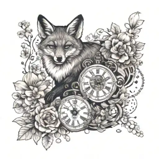 A whimsical design of a fox and cat playing with timepieces, surrounded by blooming cherry blossoms and intricate clockwork details tattoo design idea