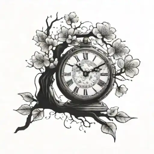 A kdrama-inspired design of a cherry blossom tree growing out of a broken clock, symbolizing the passage of time and new beginnings tattoo design idea