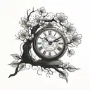 A kdrama-inspired design of a cherry blossom tree growing out of a broken clock, symbolizing the passage of time and new beginnings tattoo design idea
