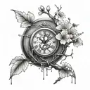 A kdrama-inspired design of a cherry blossom tree growing out of a broken clock, symbolizing the passage of time and new beginnings tattoo design idea