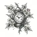 A kdrama-inspired design of a cherry blossom tree growing out of a broken clock, symbolizing the passage of time and new beginnings tattoo design idea