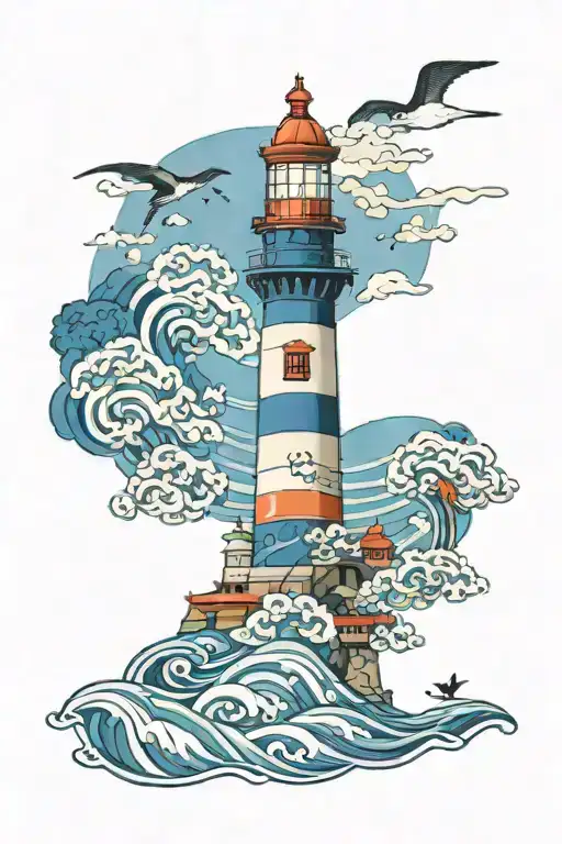 Lighthouse and Porto's mosaic. Over the ocean, bleu and orange colors tattoo design idea