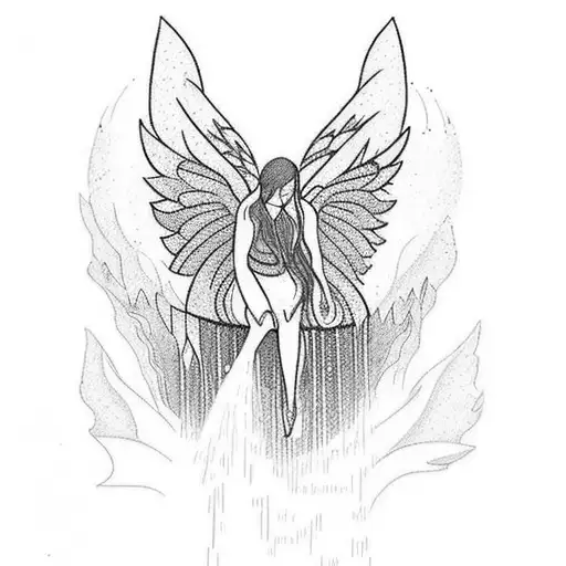 Full back tattoo, with a waterfall that falls into a lake, there is a woman angel sitting afar looking at the waterfall tattoo design idea