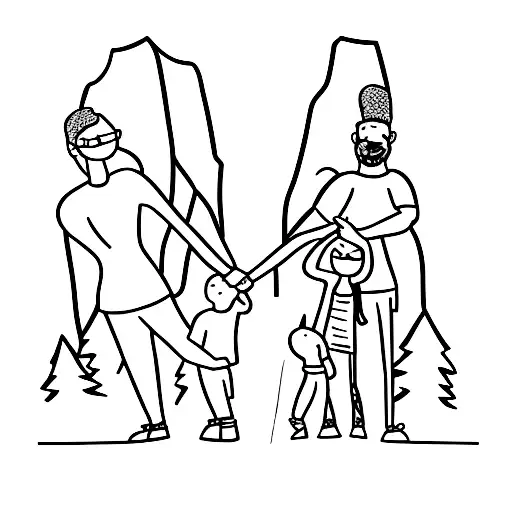 A minimalist tattoo of a family holding hands and standing on a mountain peak tattoo design idea