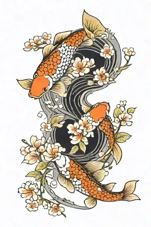 koi fish that form a yin yang with sakura trees with blossoms surrounding them.  tattoo design idea