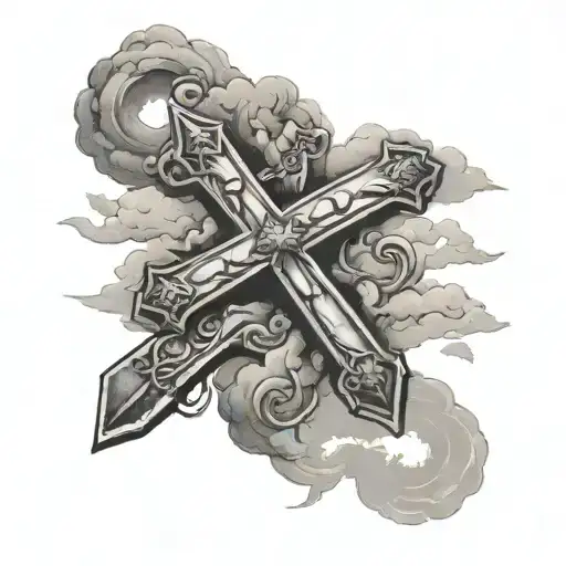 clouds surrounding word bible verse with cross tattoo design idea