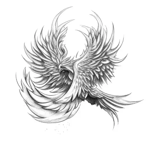 A black-grey tattoo of a majestic phoenix rising from a pile of money, representing the transformation of wealth and health tattoo design idea