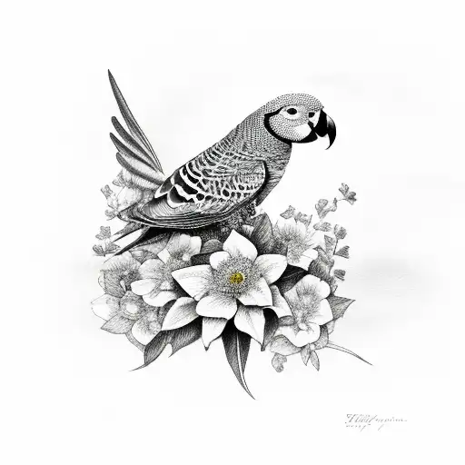 African grey bird with flowers tattoo design idea