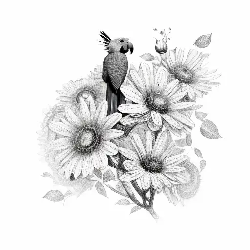 African grey bird with flowers tattoo design idea