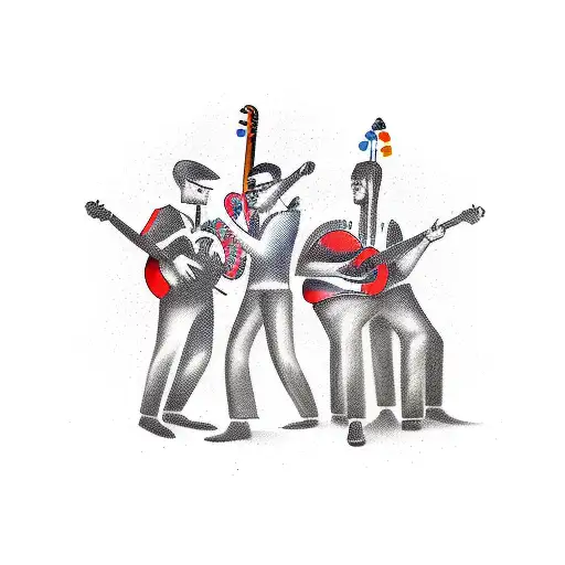 A new-school tattoo of a group of men playing different musical instruments, showcasing the client's passion for both music and men. tattoo design idea