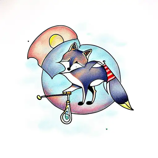 fox with umbrella below the moon tattoo design idea