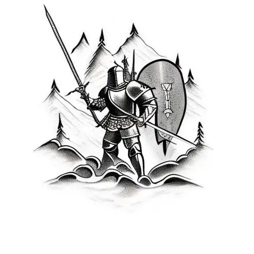 A tattoo design featuring a knight in armor walking through a mountainous landscape, symbolizing strength and resilience tattoo design idea