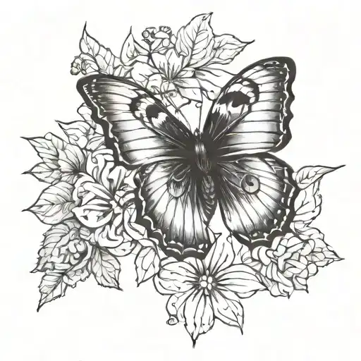 Create a detailed tattoo design featuring a butterfly as the main element. The butterfly should be delicate and elegant, tattoo design idea