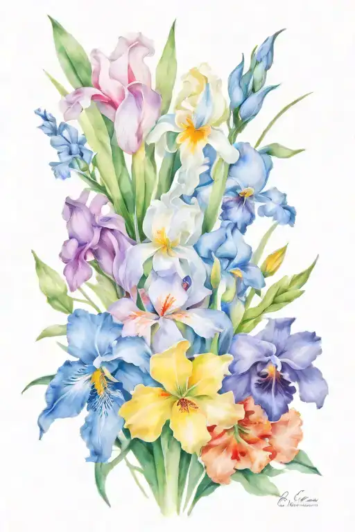 a bouquet of irises, primrose gladiolus, poppy, chrysanthemum, peony, and narcissus tattoo tattoo design idea
