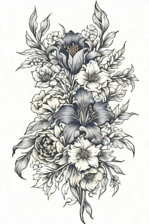 a bouquet of irises, primrose gladiolus, poppy, chrysanthemum, peony, and narcissus tattoo tattoo design idea