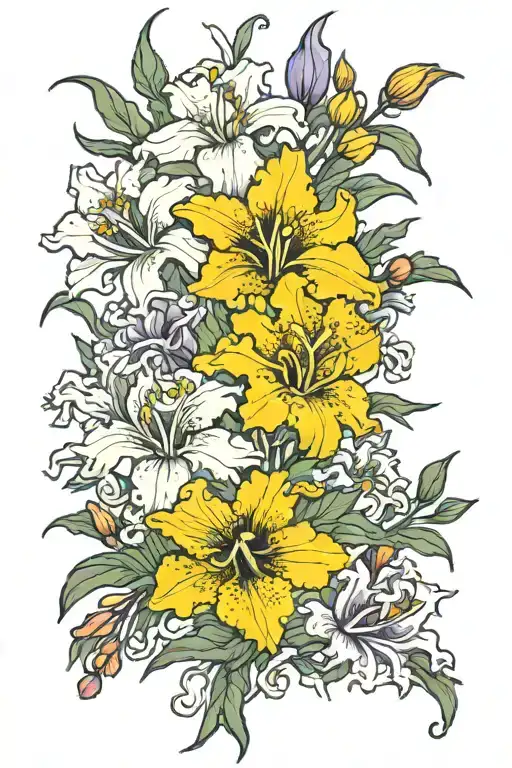 a bouquet of irises, primrose gladiolus, chrysanthemum, peony, and narcissus tattoo tattoo design idea