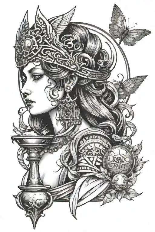 goddess Hestia with her some sacred symbols tattoo design idea