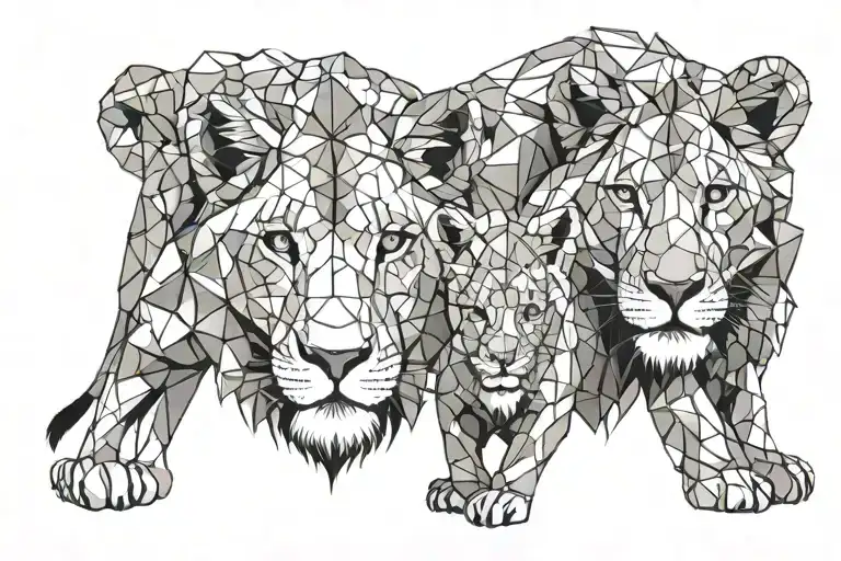 lion, lioness, and two  lion cub faces tattoo design idea