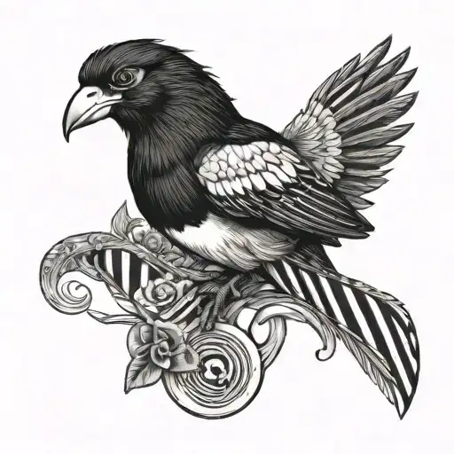 black and white striped background, magpie, horse shoe, dad tattoo design idea