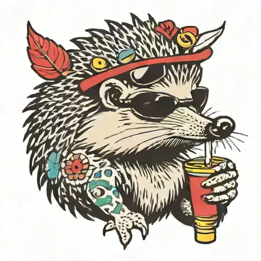 A hedgehog with a cigarette in his mouth. So that he was wearing black sunglasses and he was carrying a red high-heeled  tattoo design idea