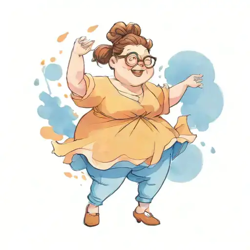 cartoon character of a chubby woman with brown hair in a messy bun wearing glasses while dancing tattoo design idea