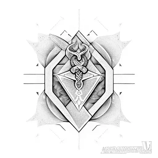 A geometric interpretation of a caduceus of aesculapius with intricate blackwork patterns tattoo design idea