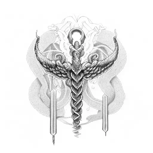 A dotwork illustration of a caduceus of aesculapius intertwined with a heartbeat line tattoo design idea