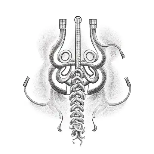 A dotwork illustration of a caduceus of aesculapius intertwined with a heartbeat line tattoo design idea