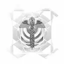 A geometric interpretation of a caduceus of aesculapius with intricate blackwork patterns tattoo design idea