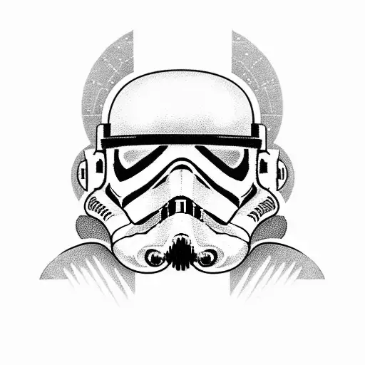 A stormtrooper riding a Tie Interceptor with star wars scenes dotwork tattooed on their armor tattoo design idea