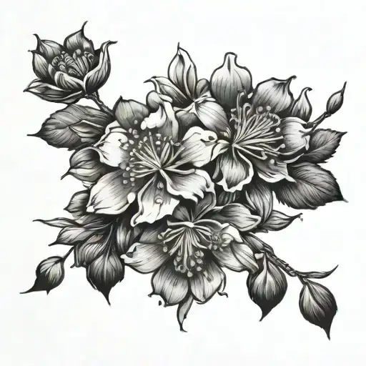 erboristical, fineline, ornamental, feminine. Cherry blossoms and a columbine from the groin to middle back. delicate tattoo design idea
