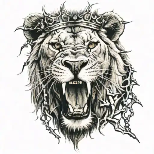 roaring lion wearing crown of thorns tattoo design idea