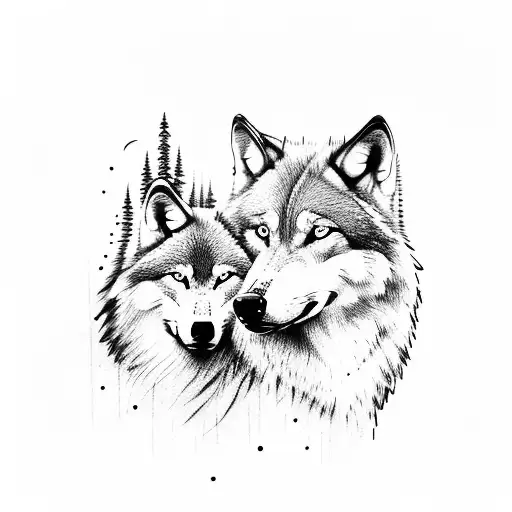 wolf and baby wolf, with forest negative space  tattoo design idea