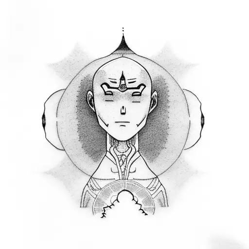 A dotwork tattoo of Aang meditating under a cloudy sky tattoo design idea
