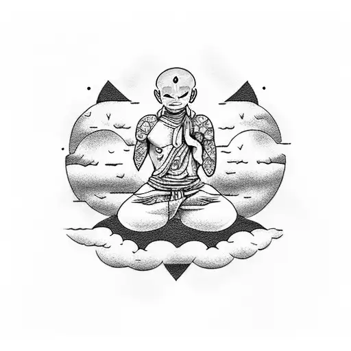 A dotwork tattoo of Aang meditating under a cloudy sky tattoo design idea